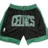 Front view of Boston Celtics Black Statement Shorts featuring a sleek black design with the Celtics logo and statement edition details.