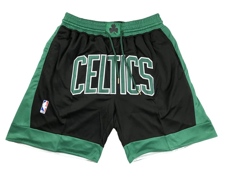 Front view of Boston Celtics Black Statement Shorts featuring a sleek black design with the Celtics logo and statement edition details.