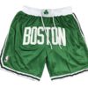 Front view of Boston Celtics Green Icon Shorts featuring the team logo and traditional green design.