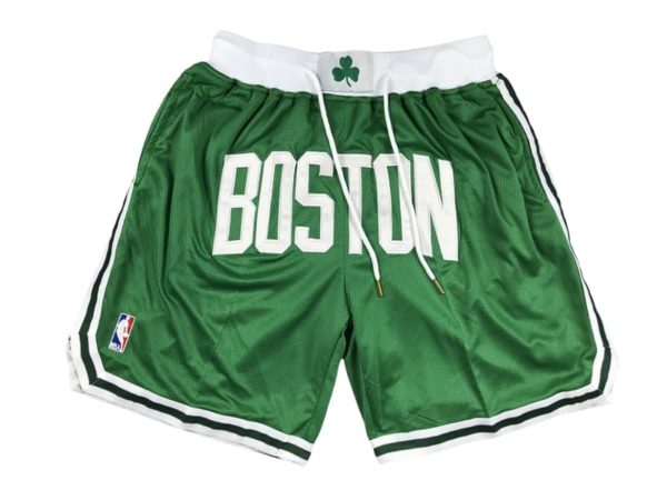 Front view of Boston Celtics Green Icon Shorts featuring the team logo and traditional green design.