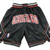 Front view of Chicago Bulls Black Statement Swingman Shorts featuring a sleek black design with the Bulls logo and statement edition details.