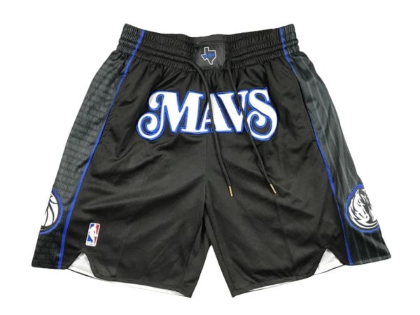 Front view of Dallas Mavericks 2023-24 Black City Edition Shorts featuring a sleek black design with the Mavericks logo and city edition details.