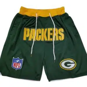 Front view of Green Bay Packers Shorts in Green with the team logo and bold color.