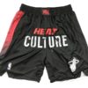 Front view of Miami Heat Black City Edition Shorts featuring a sleek black design with the team logo and distinctive color accents.