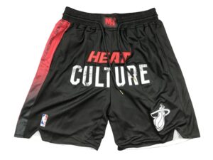 Front view of Miami Heat Black City Edition Shorts featuring a sleek black design with the team logo and distinctive color accents.