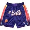 Front view of Phoenix Suns 2023-24 City Edition Purple Shorts featuring a vibrant purple design with the Suns logo and distinctive city edition details.