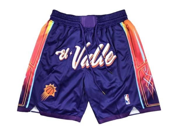 Front view of Phoenix Suns 2023-24 City Edition Purple Shorts featuring a vibrant purple design with the Suns logo and distinctive city edition details.