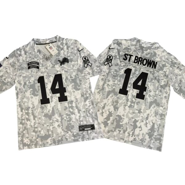 Amon-Ra St Brown #14 Vapor FUSE Jersey Salute To Service Arctic Lions NWT