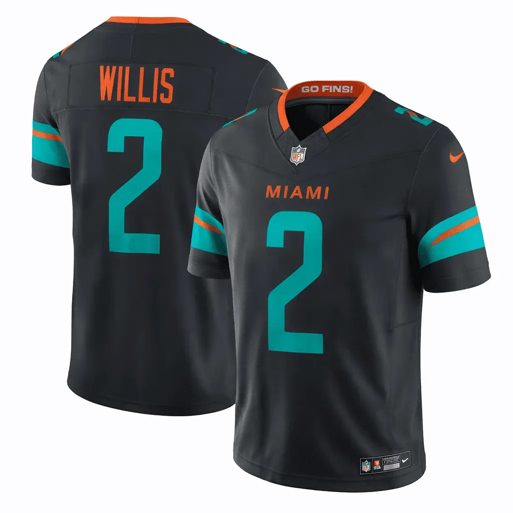 Dolphins Malik Willis Pitch Blue 2025 Rivalries Collection Limited Jersey Stitched 1 Miami Dolphins Malik Willis Pitch Blue 2025 Rivalries Collection Limited Jersey