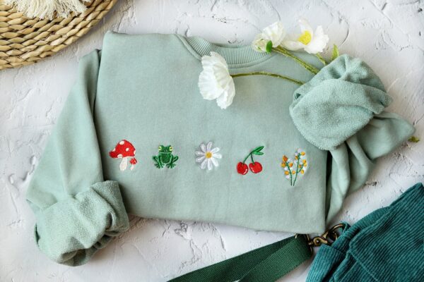 Nature's Whimsy: Unisex Daisy and Mushroom Embroidered Sweatshirt, T-Shirt, Hoodie