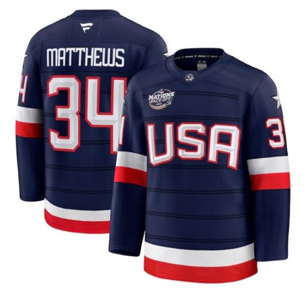 USA #34 Auston Matthews Navy 2025 4 Nations Face-Off Stitched Jersey