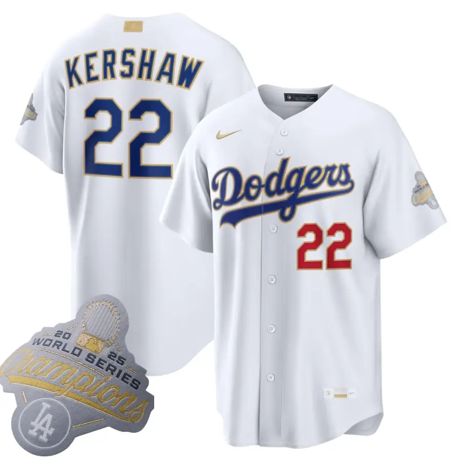 Dodgers Clayton Kershaw White 2026 Gold Collection Jersey Stitched 1 Dodgers Clayton Kershaw White 2026 Gold Collection Jersey Stitched