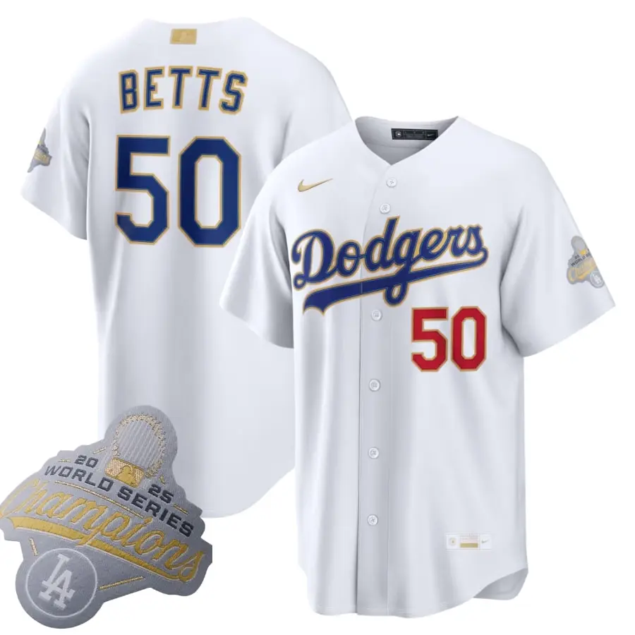 Dodgers Mookie Betts White 2026 Gold Collection Jersey Stitched 1 Dodgers Mookie Betts White 2026 Gold Collection Jersey Stitched