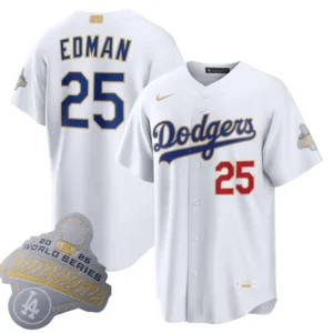 Dodgers Tommy Edman White 2026 Gold Collection Jersey Stitched