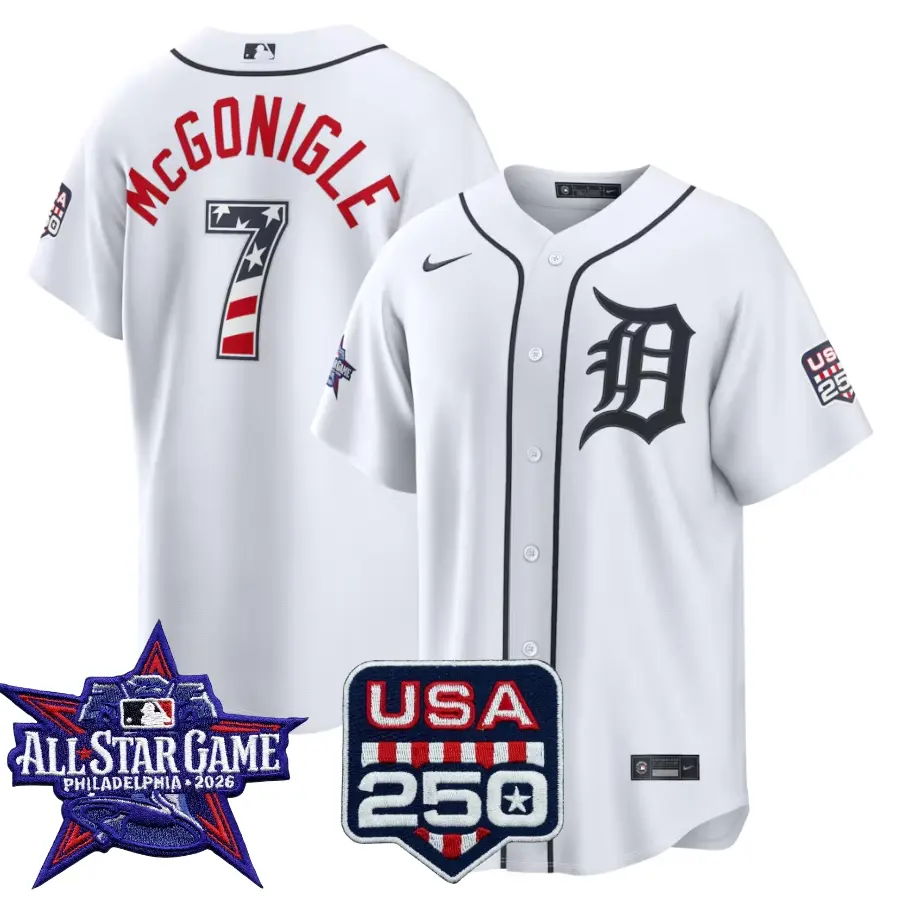 Kevin McGonigle Detroit Tigers 2026 All-Star Stars & Stripes White Stadium Stitched Jersey 1 Kevin McGonigle Detroit Tigers 2026 All-Star Stars & Stripes White Stadium Stitched Jersey