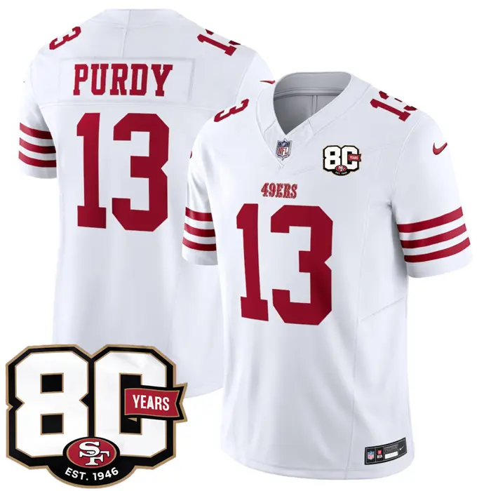 San Francisco 49ers #13 Brock Purdy White 80th Anniversary 2026 Limited Stitched Jersey 1 San Francisco 49ers #13 Brock Purdy White 80th Anniversary 2026 Limited Stitched Jersey