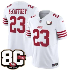 San Francisco 49ers #23 Christian McCaffrey White 80th Anniversary 2026 Limited Stitched Jersey