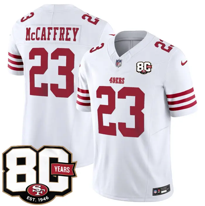 San Francisco 49ers #23 Christian McCaffrey White 80th Anniversary 2026 Limited Stitched Jersey 1 San Francisco 49ers #23 Christian McCaffrey White 80th Anniversary 2026 Limited Stitched Jersey