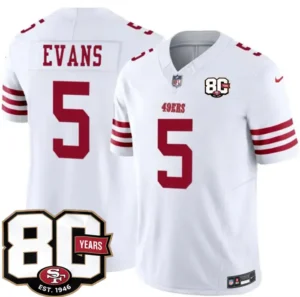 San Francisco 49ers #5 Mike Evans White 80th Anniversary 2026 Limited Stitched Jersey