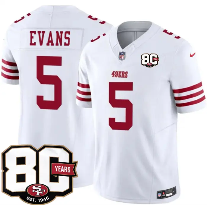 San Francisco 49ers #5 Mike Evans White 80th Anniversary 2026 Limited Stitched Jersey 1 San Francisco 49ers #5 Mike Evans White 80th Anniversary 2026 Limited Stitched Jersey