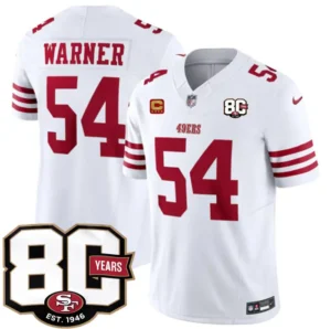 San Francisco 49ers #54 Fred Warner White 80th Anniversary And 4-Star C Patch 2026 Limited Stitched Jersey