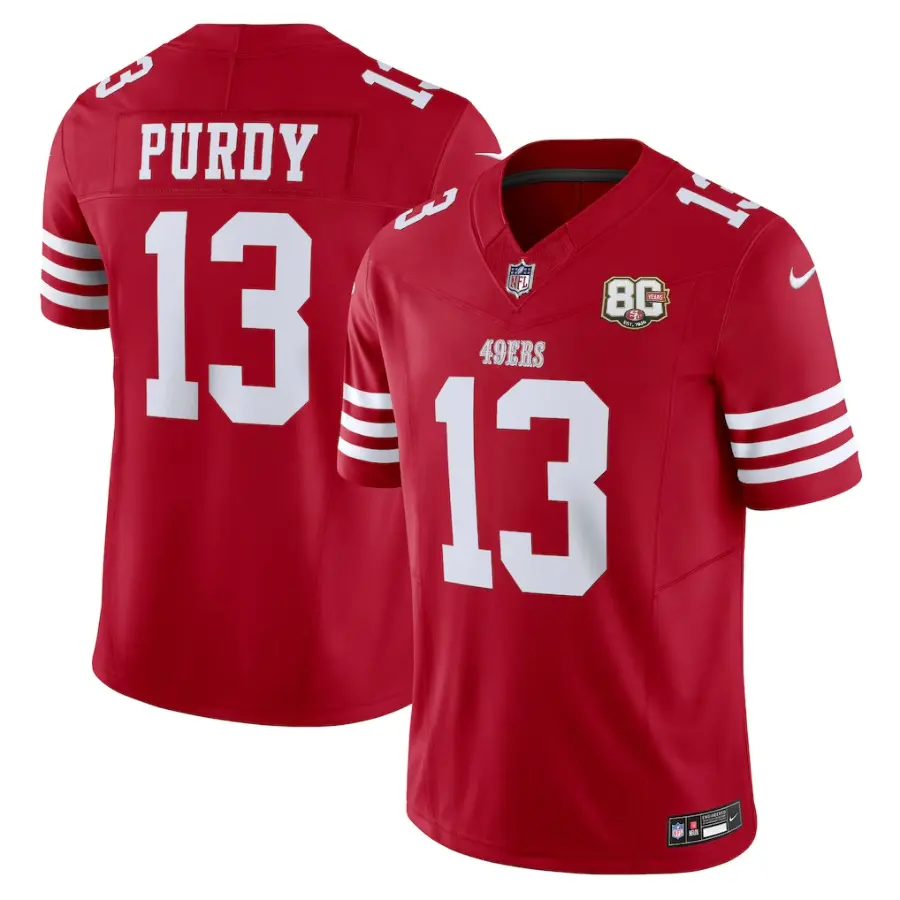 San Francisco 49ers Brock Purdy Scarlet 80th Anniversary Stitched Limited Jersey 1 San Francisco 49ers Brock Purdy Scarlet 80th Anniversary Stitched Limited Jersey