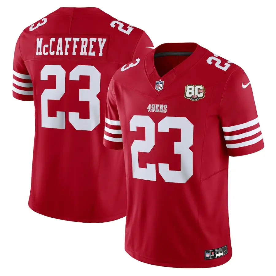 San Francisco 49ers Christian McCaffrey Scarlet 80th Anniversary Stitched Limited Jersey 1 San Francisco 49ers Christian McCaffrey Scarlet 80th Anniversary Stitched Limited Jersey