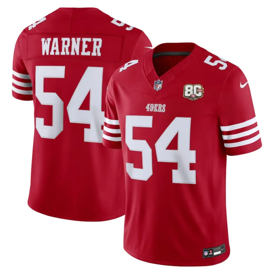 San Francisco 49ers Fred Warner Scarlet 80th Anniversary Stitched Limited Jersey 1 San Francisco 49ers Fred Warner Scarlet 80th Anniversary Stitched Limited Jersey